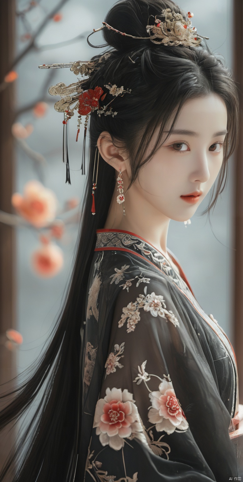  Best quality, Realistic, photorealistic, masterpiece, extremely detailed CG unity 8k wallpaper, best illumination, best shadow, huge filesize, incredibly absurdres, absurdres, looking at viewer, transparent, smog, gauze, vase, petals, room, ancient Chinese style, detailed background, wide shot background,
(((1gilr,black hair))), close up of 1girl,Hairpins,hair ornament,hair wings,slim,narrow waist,(huge breasts:1.5),perfect eyes,beautiful perfect face,pleasant smile,perfect female figure,detailed skin,charming,alluring,seductive,erotic,enchanting,delicate pattern,detailed complex and rich exquisite clothing detail,delicate intricate fabrics,
