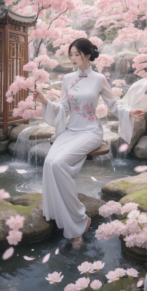  traditional Chinese scenery, a gorgeous woman in a flowing qipao dress, floating in mid-air with grace, surrounded by ethereal mist, a mystical garden with cherry blossom trees and koi ponds, the sound of wind chimes filling the air, captured in a traditional Chinese ink painting style, with delicate brushwork and textured paper, evoking a sense of tranquility and elegance
