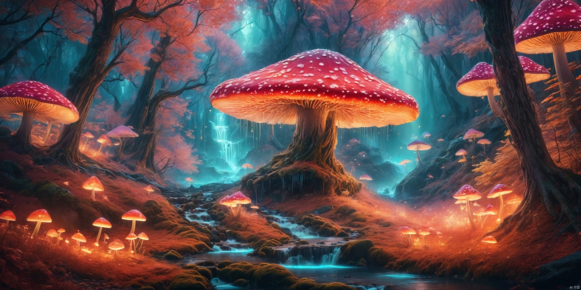  absurdres, highres, ultra detailed, (1girl), BREAK, infrared photography, otherworldly hues, surreal landscapes, unseen light, ethereal glow, vibrant colors, ghostly effect, 
Enchanted forest with shimmering fireflies, mystical glowing mushrooms, ancient trees with intricate carvings, a hidden pathway leading to a magical waterfall, ethereal mist floating in the air, creating a dreamlike atmosphere, illustration style capturing the fantastical elements, by a stream, , glow