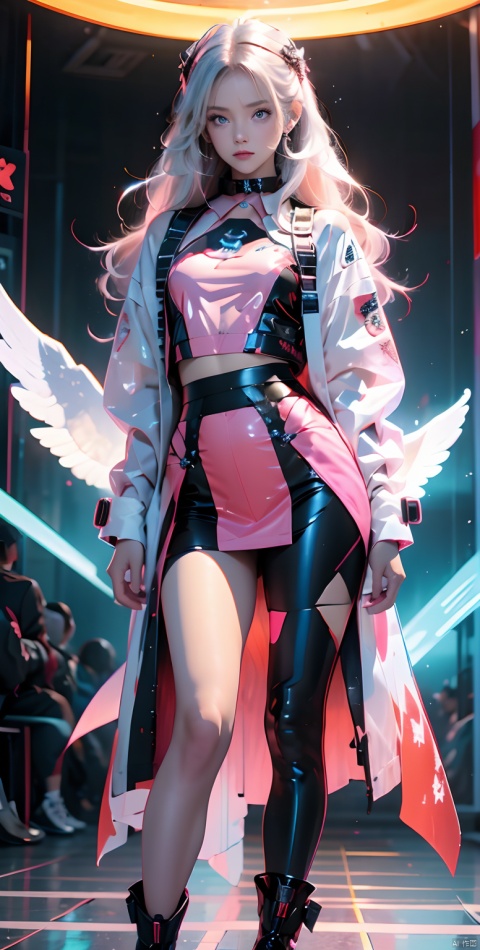 masterpiece, best quality, game_cg, girl, angel, long hair, colored inner hair, split-color hair, beautiful detailed eyes, heterochromia , blue eyes, medium breasts, boots, black choker , hand on hip, Wearing pink mecha, battle stance, 1girl,Future Combat Suit