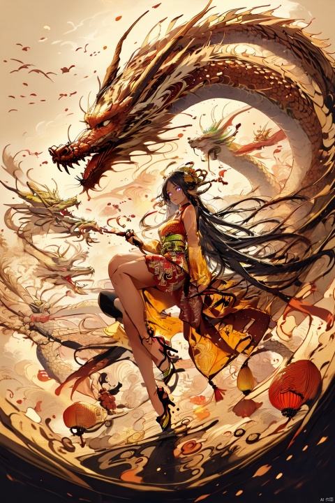  Chinese dragon, (peeks out), soaring in the sky, 1 girl,white hair,white pantyhose,long and majestic dragon body, highest quality, masterpiece, epic beauty,Outdoor, (Macaron color :1.2), Ancient Chinese architecture, Tower Pavilion, Terrace, Flying in the Sky, Majestic, Dreamlike style, Chinese Architecture, Sunset, cloud tops, verdant, peach blossoms, textured skin, Super detail, best quality, visual art, God beast, ink paniting, white pantyhose, 1girl,high_heels,yellow_footwear,pencil_skirt,white_footwear