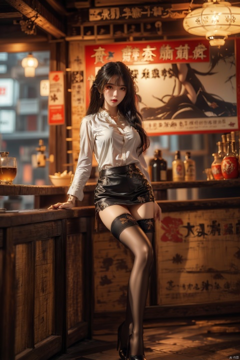  (upper thighs shot:1.3), (cowboy shot:1.3),1girl,solo,long hair,depth of field,blurry background,bar (place),neon lights,fanhuaZ,,(full body:1.1),, (high quality), best quality, (4k), 8k, super detailed, (full detail), (masterpiece), (realistic), super detailed,(Exquisite details) ,intricate, 1girl, pencil_skirt, long_legs,police,pencil_skirt,high_heels,thighhighs