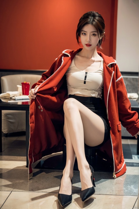  Outdoor scenery, snow view, Snow Mountain, girl, red wool coat, pretty face, short hair, blonde hair, (photo reality: 1.3) , Edge lighting, (high detail skin: 1.2) , 8K Ultra HD, high quality, high resolution, the best ratio of four fingers and a thumb, (photo reality: 1.3) , wearing a red coat, white shirt inside, big chest, solid color background, solid red background, advanced feeling, texture full, 1 girl, Xiqing, HSZT, Xiaxue, dongy, a girl, magic eyes, black 8d smooth stockings, 1girl,yellow_footwear,high_heels,underwear,thighhighs,pencil_skirt
