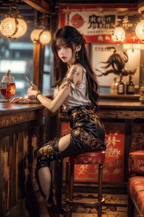  (upper thighs shot:1.3), (cowboy shot:1.3),1girl,solo,long hair,depth of field,blurry background,bar (place),neon lights,fanhuaZ,,(full body:1.1),, (high quality), best quality, (4k), 8k, super detailed, (full detail), (masterpiece), (realistic), super detailed,(Exquisite details) ,intricate, 1girl, pencil_skirt, long_legs,police,pencil_skirt,high_heels,thighhighs