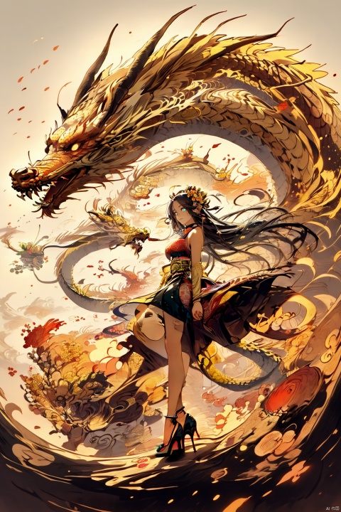  Chinese dragon, (peeks out), soaring in the sky, 1 girl,white hair,white pantyhose,long and majestic dragon body, highest quality, masterpiece, epic beauty,Outdoor, (Macaron color :1.2), Ancient Chinese architecture, Tower Pavilion, Terrace, Flying in the Sky, Majestic, Dreamlike style, Chinese Architecture, Sunset, cloud tops, verdant, peach blossoms, textured skin, Super detail, best quality, visual art, God beast, ink paniting, white pantyhose, 1girl,high_heels,yellow_footwear,pencil_skirt,white_footwear