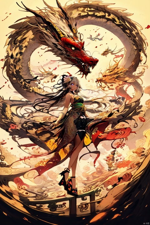  Chinese dragon, (peeks out), soaring in the sky, 1 girl,white hair,white pantyhose,long and majestic dragon body, highest quality, masterpiece, epic beauty,Outdoor, (Macaron color :1.2), Ancient Chinese architecture, Tower Pavilion, Terrace, Flying in the Sky, Majestic, Dreamlike style, Chinese Architecture, Sunset, cloud tops, verdant, peach blossoms, textured skin, Super detail, best quality, visual art, God beast, ink paniting, white pantyhose, 1girl,high_heels,yellow_footwear,pencil_skirt,white_footwear