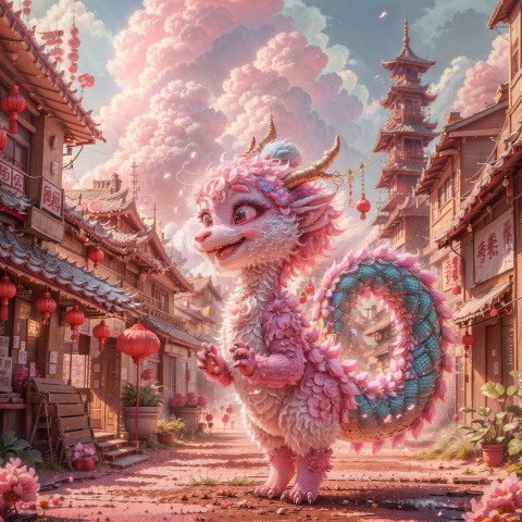  (Masterpiece:1.5),(Best Quality:1.5),High Resolution,Highly Detailed,(Low Contrast:1.1),Full body photo,.official art,Pixar animation style,Chinese NewYear, pink background, made of marshmallow material, abig blue and pink Chinese dragon with a big smile, its taiis like a cloud, it has a colorful cloud on its head, standing next to it is a super cute little girl wearing traditional Chinese clothing, strong light effect,|key visual| intricate| highly detailed| breathtaking beauty| digital lineart| vibrant|, Cyberpunk Concept