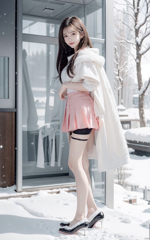  1 girl,Transparent skirt,pink face,stockings,(snow:1.2),(snowing:1.2),peach blossom,snow,solo,scarf,pink hair,smile,long hair,bokeh,realistic,long coat,blurry, captivating gaze, embellished clothing, natural light, shallow depth of field, romantic setting, dreamy pastel color palette, whimsical details, captured on film,. (Original Photo, Best Quality), (Realistic, Photorealistic: 1.3), Clean, Masterpiece, Fine Detail, Masterpiece, Ultra Detailed, High Resolution, (Best Illustration), (Best Shadows), Complex, Bright light, modern clothing, (pastoral: 1.3), smiling,standing,(very very short skirt:1.5),knee socks,(white shoes: 1.4),long legs, forest, grassland,(view: 1.3), 21yo girl, striped, wangyushan, capricornus, 1girl, light master,high_heels,yellow_footwear,underwear,thighhighs