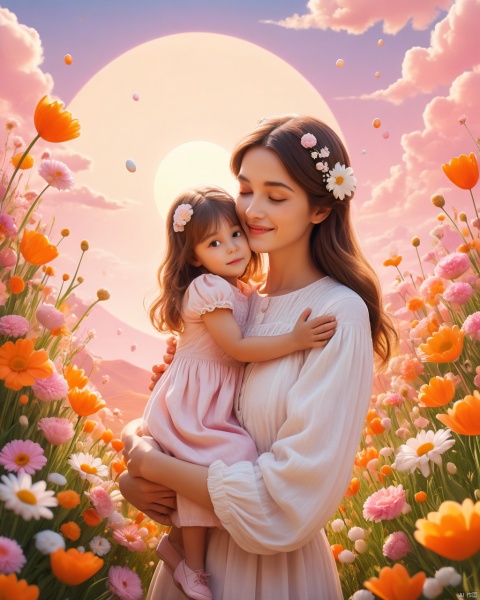  Masterpiece, best quality, stunning details, realistic, a cute mother daughter embrace, surrounded by flowers and eggs, dreamy scenery, soft and atmospheric perspective, vibrant orange and pink stage backgrounds, childlike innocence and charm, bold shapes and cute characters, with a simple white sun in the sky against a pink background