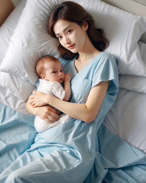  Masterpiece, the best quality, perfect composition, very beautiful, absurd, super detailed, complex details, professional, official art, mother holding cute baby, bed, hospital, warm,