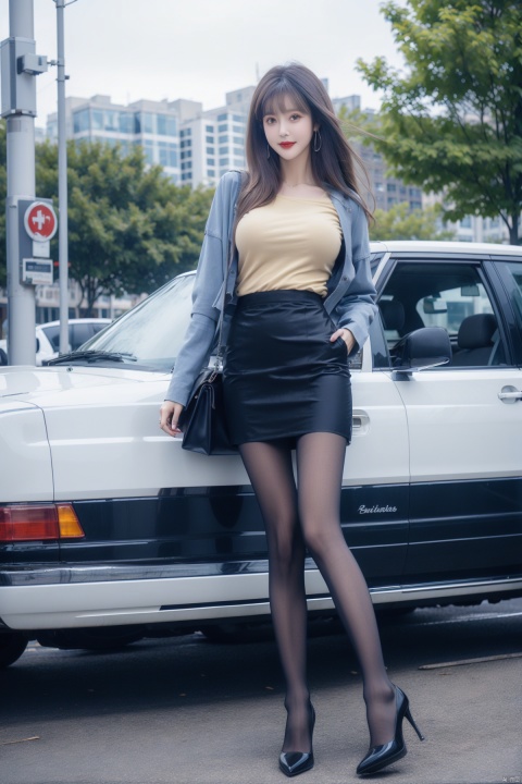  1girl,(huge breasts:1.3, long legs), solo, long_hair, looking_at_viewer, smile, skirt, brown_hair, shirt, black_hair, long_sleeves, brown_eyes, standing, jacket, full_body, pantyhose, outdoors, bag, black_footwear, high_heels, tree, lips, black_shirt, white_skirt, blue_jacket, ground_vehicle, motor_vehicle, pencil_skirt, brown_pantyhose, handbag, shoulder_bag, realistic, car, see-through_legwear,moyou,handbag,skirt,yellow_footwear,high_heels, wangyushan