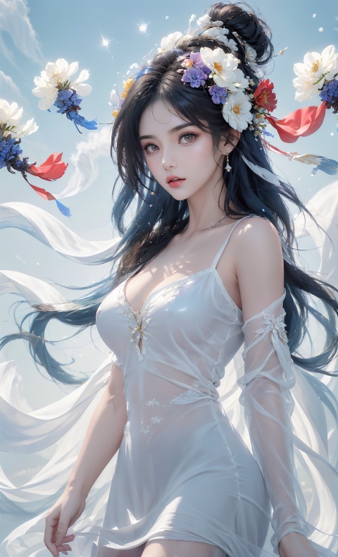  A girl, bust, delicate makeup, Half-length photo,Face close-ups, colorful hair,Red lips, delicate eye makeup,colorful hair,purple eyes, blue hair,fair skin, blisters, glowing jellyfish,(white background:1.4), fantasy style, beautiful illustration, White shiny clothes,complex composition, floating long hair, seven colors,Keywords delicate skin, luster, liquid explosion, Elegant clothes, Glowing shells,glowing seabed,streamer,1girl,smoke,colorfulveil,colorful,Shifengji,
( Best Quality: 1.2 ), ( Ultra HD: 1.2 ), ( Ultra-High Resolution: 1.2 ), ( CG Rendering: 1.2 ), Wallpaper, Masterpiece, ( 36K HD: 1.2 ), ( Extra Detail: 1.1 ), Ultra Realistic, ( Detail Realistic Skin Texture: 1.2 ), ( White Skin: 1.2 ), Focus, Realistic Art,fantasy,girl,Big breasts,Facing the camera, wangyushan, glint sparkle, 21yo girl, Nebula, christmas, 1girl,skirt,jewelry
