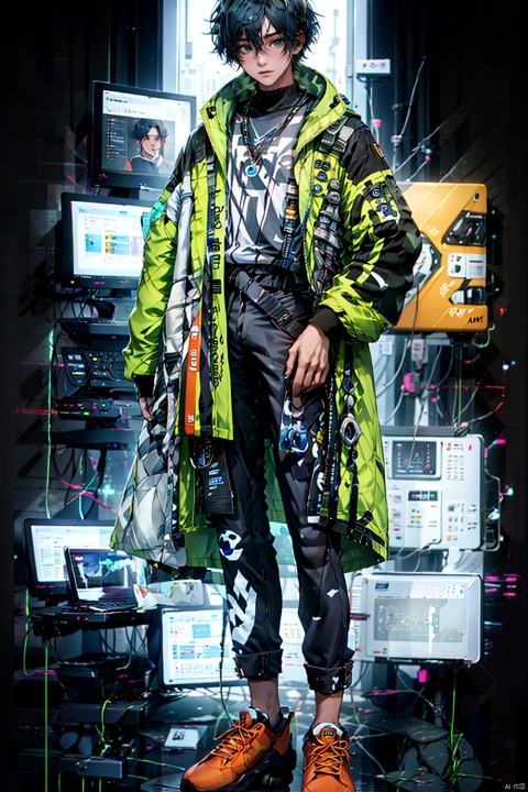  (8k, original photo, best quality, masterpiece: 1.2), CG rendering, full body, a 20-year-old boy. Technology cabin, neon lights, smile, (blue hair), (fluffy hair), white and black Hanfu, fist clenching, combat posture. Functional Hanfu, sports shoes, sparkling, flowing robe, chest strap decoration, belt, cyberpunk city background outside the window,Aso, Aso, Cyberworld, CyberpunkAI, asip, hjyzbrobot, ((poakl)), 1girl,police,pencil_skirt,yellow_footwear