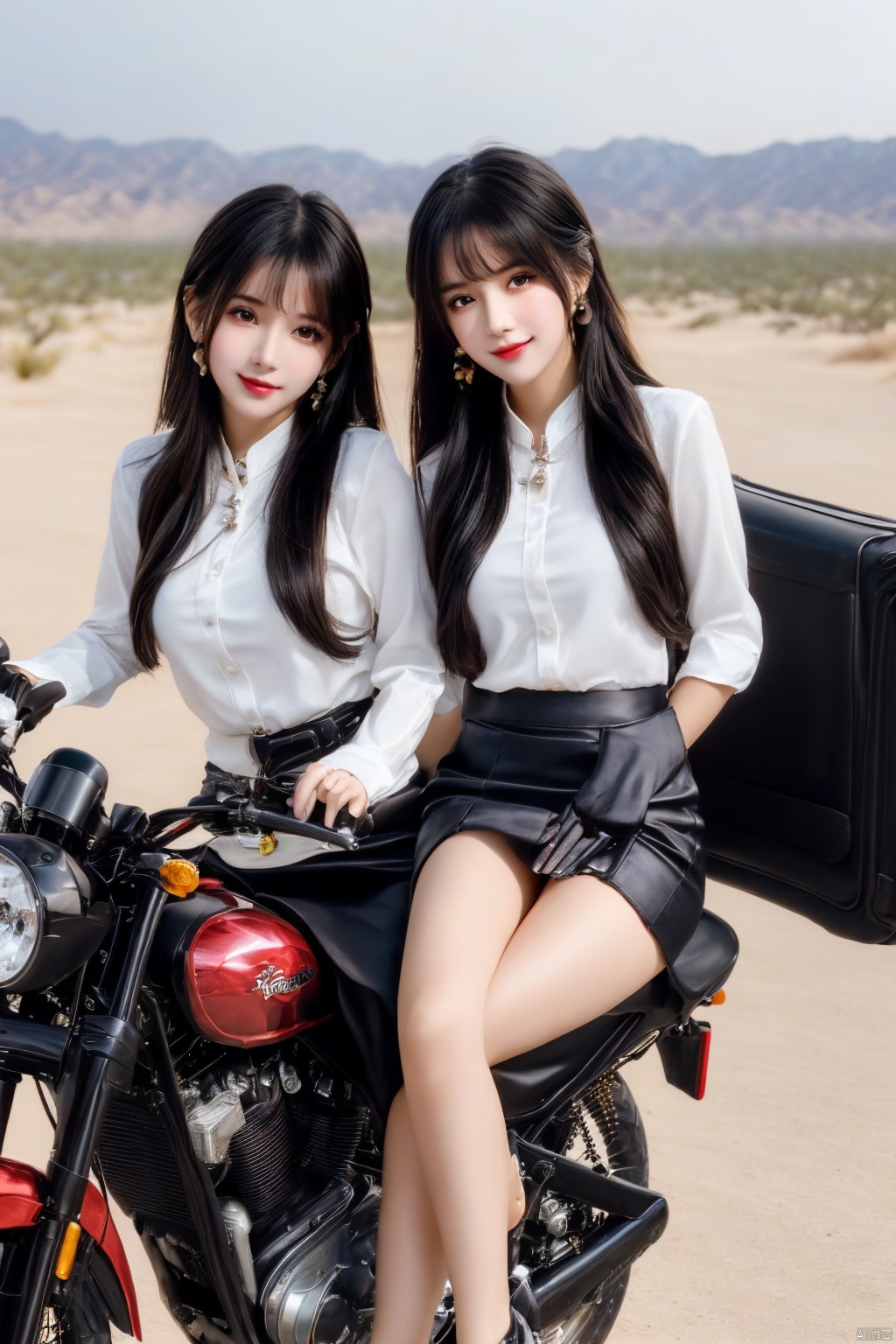  (2_girls::1.7),twins,kind smile, ((close-up)),Masterpiece,best quality,Highest picture quality,ultra-detailed,top quality,two girls driving a motorcycle,bare long leg,desert background, yhmotorbike,moyou,wangyushan, ((poakl)), 1girl,high_heels,yellow_footwear,long_hair,black_hair,pencil_skirt