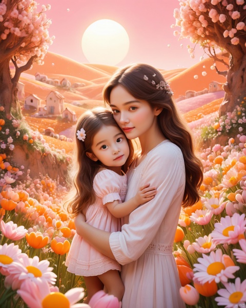  Masterpiece, best quality, stunning details, realistic, a cute mother daughter embrace, surrounded by flowers and eggs, dreamy scenery, soft and atmospheric perspective, vibrant orange and pink stage backgrounds, childlike innocence and charm, bold shapes and cute characters, with a simple white sun in the sky against a pink background