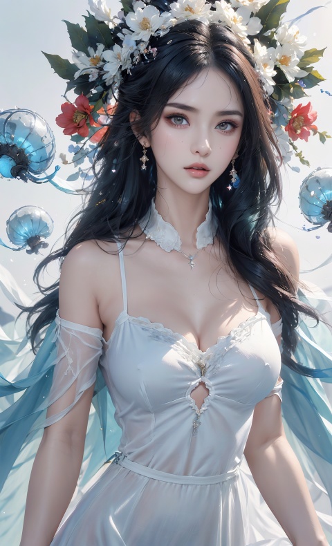  A girl, bust, delicate makeup, Half-length photo,Face close-ups, colorful hair,Red lips, delicate eye makeup,colorful hair,purple eyes, blue hair,fair skin, blisters, glowing jellyfish,(white background:1.4), fantasy style, beautiful illustration, White shiny clothes,complex composition, floating long hair, seven colors,Keywords delicate skin, luster, liquid explosion, Elegant clothes, Glowing shells,glowing seabed,streamer,1girl,smoke,colorfulveil,colorful,Shifengji,
( Best Quality: 1.2 ), ( Ultra HD: 1.2 ), ( Ultra-High Resolution: 1.2 ), ( CG Rendering: 1.2 ), Wallpaper, Masterpiece, ( 36K HD: 1.2 ), ( Extra Detail: 1.1 ), Ultra Realistic, ( Detail Realistic Skin Texture: 1.2 ), ( White Skin: 1.2 ), Focus, Realistic Art,fantasy,girl,Big breasts,Facing the camera, wangyushan, glint sparkle, 21yo girl, Nebula, christmas, 1girl,skirt,jewelry