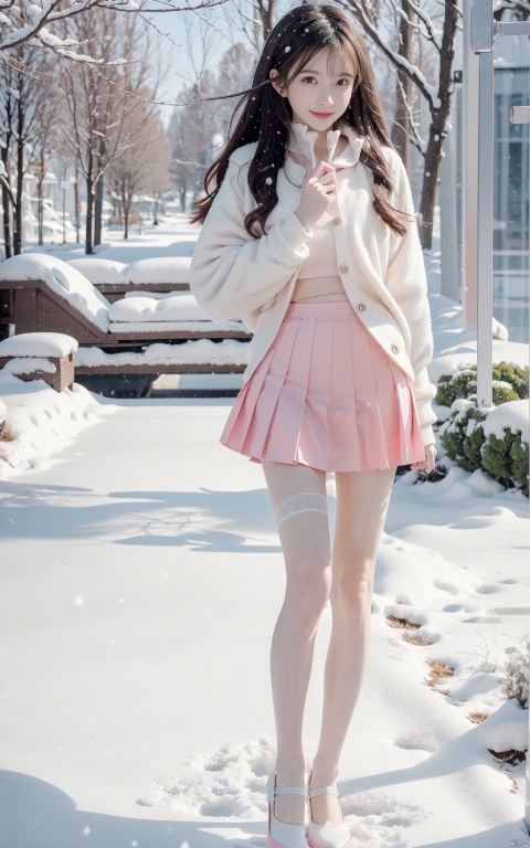  1 girl,Transparent skirt,pink face,stockings,(snow:1.2),(snowing:1.2),peach blossom,snow,solo,scarf,pink hair,smile,long hair,bokeh,realistic,long coat,blurry, captivating gaze, embellished clothing, natural light, shallow depth of field, romantic setting, dreamy pastel color palette, whimsical details, captured on film,. (Original Photo, Best Quality), (Realistic, Photorealistic: 1.3), Clean, Masterpiece, Fine Detail, Masterpiece, Ultra Detailed, High Resolution, (Best Illustration), (Best Shadows), Complex, Bright light, modern clothing, (pastoral: 1.3), smiling,standing,(very very short skirt:1.5),knee socks,(white shoes: 1.4),long legs, forest, grassland,(view: 1.3), 21yo girl, striped, wangyushan, capricornus, 1girl, light master,high_heels,yellow_footwear,underwear,thighhighs