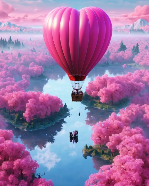 Masterpiece, best quality, stunning details, realistic (pink scene), pink forest, pink sky, pink heart-shaped hot air balloon, a couple kissing on the hot air balloon, excellent composition,