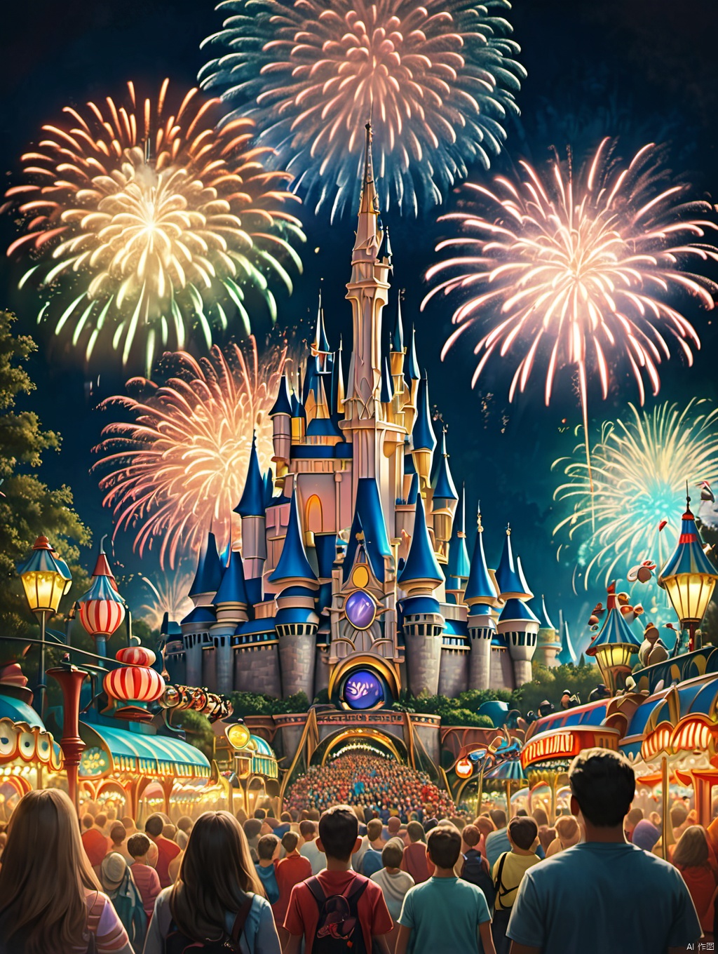  Masterpiece, best quality, stunning details, realistic, (Disney amusement park), full of vitality, fireworks, night, colorful, joyful people, excellent composition,