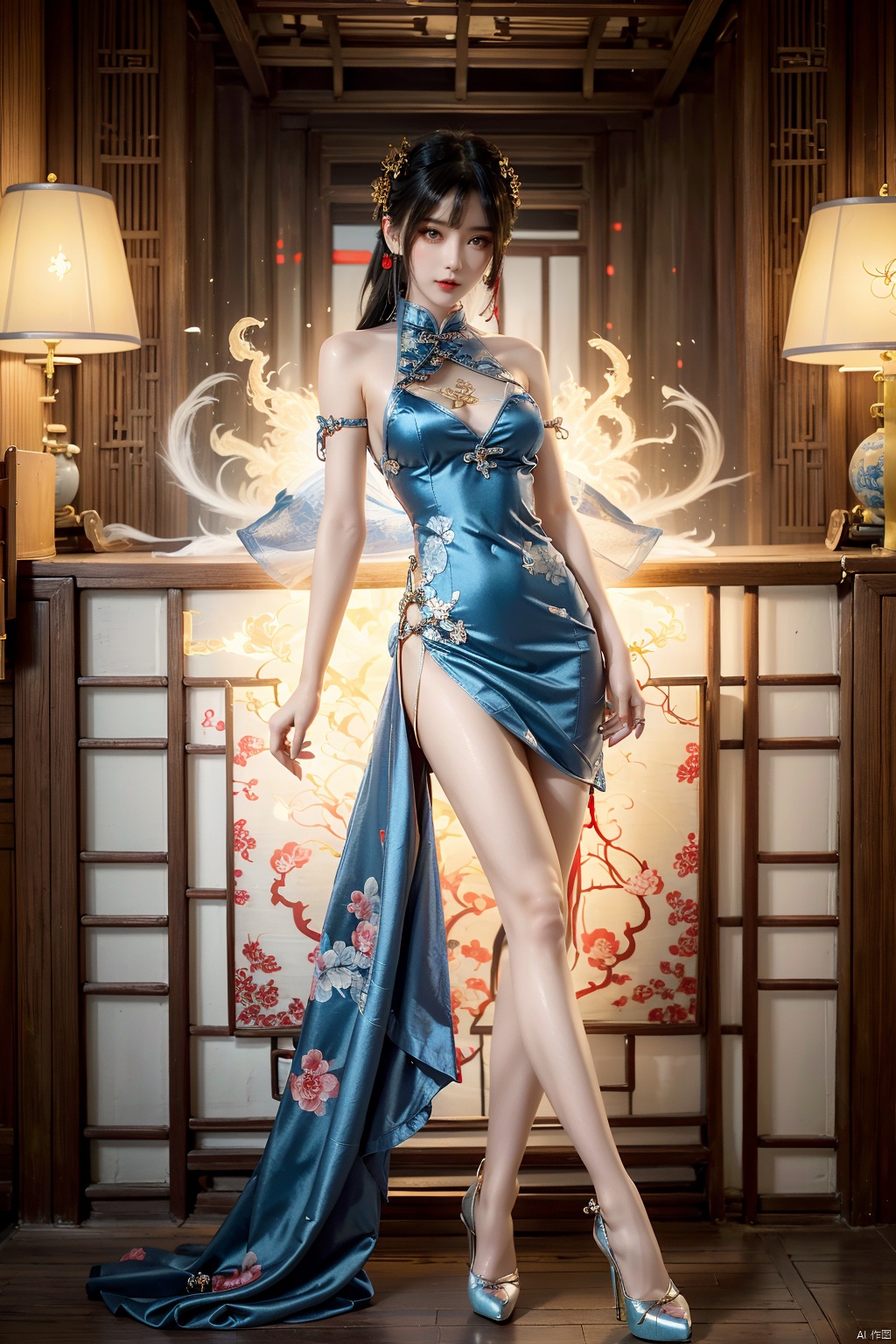  A demon with white hair, eyes resembling blue gemstones, and a fringed haircut. This demon exudes an outgoing and sunny personality. She is dressed in a peculiar, mechanical construct cheongsam gown, predominantly made of gossamer material, with accents that evoke the ambiance of fire element. The cheongsam gown itself is in vibrant Chinese red. Completing her ensemble, she wears a pair of high-heeled shoes.Tattoos, flowers.
, 1girl,high_heels,yellow_footwear,black_hair