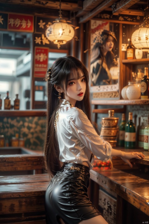  (upper thighs shot:1.3), (cowboy shot:1.3),1girl,solo,long hair,depth of field,blurry background,bar (place),neon lights,fanhuaZ,,(full body:1.1),, (high quality), best quality, (4k), 8k, super detailed, (full detail), (masterpiece), (realistic), super detailed,(Exquisite details) ,intricate, 1girl, pencil_skirt, long_legs,police,pencil_skirt,high_heels,thighhighs