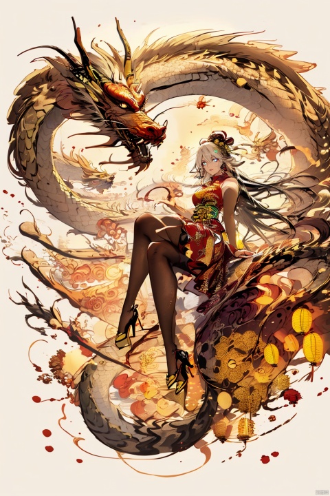  Chinese dragon, (peeks out), soaring in the sky, 1 girl,white hair,white pantyhose,long and majestic dragon body, highest quality, masterpiece, epic beauty,Outdoor, (Macaron color :1.2), Ancient Chinese architecture, Tower Pavilion, Terrace, Flying in the Sky, Majestic, Dreamlike style, Chinese Architecture, Sunset, cloud tops, verdant, peach blossoms, textured skin, Super detail, best quality, visual art, God beast, ink paniting, white pantyhose, 1girl,high_heels,yellow_footwear,pencil_skirt,white_footwear