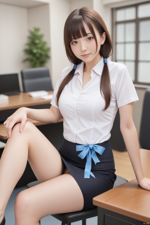  masterpiece,ultra high res,realistic,finely detail,extremely detailed,1girl,solo,skirt,chair,sitting,shirt,low twintails,long hair,looking at viewer,short sleeves,indoors,white shirt,brown hair,realistic,bangs,blurry,black skirt,ribbon,blurry background,blue ribbon,brown eyes,on chair,blunt bangs,hand on own knee,collared shirt,pencil skirt,depth of field,table,desktop,(crossed legs)