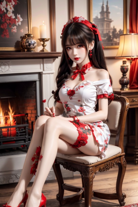  yuandanhetu, 1girl, book, dress, thighhighs, solo, sitting, black hair, flower, rose, black footwear, bow, red bow, indoors, red eyes, red flower, long hair, holding, red rose, bangs, red dress, short sleeves, looking at viewer, hair bow, lamp, candlestand, white thighhighs, doll, red lips, choker, white flower, high heels, shoes, jewelry, skull, lolita fashion, shelf, realistic, painting \(object\), holding book, vase, frills, white rose, full body, open book, blunt bangs, lace trim, bookshelf, double bun, print legwear, earrings, wooden floor, candle, chair, lips, picture \(object\), birdcage, table, red nails, lace, red ribbon, ribbon, loaded interior, nail polish, hair bun, cage, parted lips, apron, plant, puffy short sleeves, twintails, stuffed toy, lace-trimmed legwear, smile, puffy sleeves, picture frame, collarbone, breasts, makeup, lipstick, heart, frilled dress, mary janes, white apron, lace-trimmed dress, hair ornament, neck ribbon, closed mouth, floral print, halo, cabinet, hat, potted plant, footwear bow, fireplace, print dress, pink bow, hands up, qiqiu,pencil_skirt,hat,pantyhose,police,red_bra
