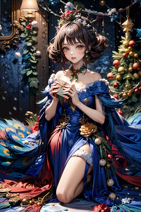  (best quality)(masterpiece) , Peacock Girl, (Solo) , (Snow: 1.5) , (snow forest background)-Christmas Red Velvet Shawl, velvet Antler Tiara) , photography style, soft focus, Christmas hat, hands holding a beautiful gift box, many colorful gift boxes falling to the ground, blonde hair, freckles, detailed Christmas lights Christmas Tree Christmas presents Christmas stockings, white lace knee socks, warm light, tiara, 1girl,high_heels,white_footwear,background