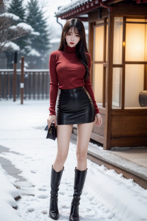  A 20-year-old girl wearing (red turtleneck knitted sweater) and (long leather boots) has a full-body lens, full-body photo, thin legs, slender figure, hourglass figure, extremely beautiful and delicate, (light makeup), brown hair, sweet smile, delicate and white skin, realistic, delicate and complete facial features, detailed facial depiction, Qiong nose and vermilion lips, soft and smooth hair, soft temperament, face lighting, realism, 8K picture quality, extreme details, master works, beautiful, pure desire, beautiful, 8k resolution, facing the middle scene of the camera, walking in the snow, 1girl,skirt,handbag,hand_on_hip,underwear,jacket