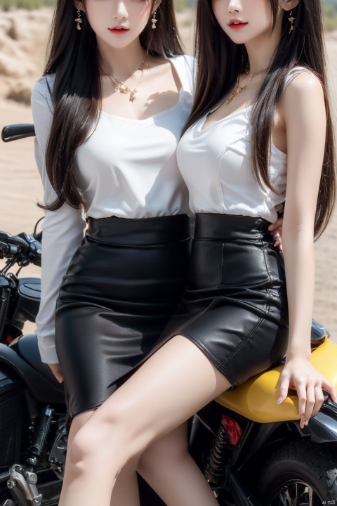  (2_girls::1.7),twins,kind smile, ((close-up)),Masterpiece,best quality,Highest picture quality,ultra-detailed,top quality,two girls driving a motorcycle,bare long leg,desert background, yhmotorbike,moyou,wangyushan, ((poakl)), 1girl,high_heels,yellow_footwear,long_hair,black_hair,pencil_skirt