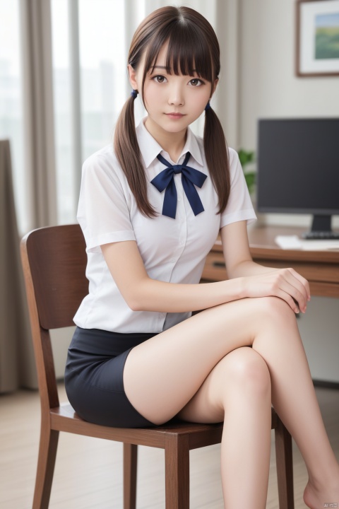  masterpiece,ultra high res,realistic,finely detail,extremely detailed,1girl,solo,skirt,chair,sitting,shirt,low twintails,long hair,looking at viewer,short sleeves,indoors,white shirt,brown hair,realistic,bangs,blurry,black skirt,ribbon,blurry background,blue ribbon,brown eyes,on chair,blunt bangs,hand on own knee,collared shirt,pencil skirt,depth of field,table,desktop,(crossed legs)