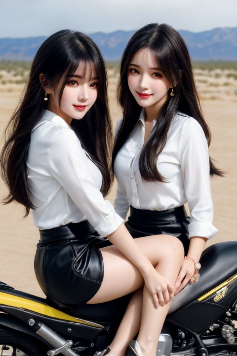  (2_girls::1.7),twins,kind smile, ((close-up)),Masterpiece,best quality,Highest picture quality,ultra-detailed,top quality,two girls driving a motorcycle,bare long leg,desert background, yhmotorbike,moyou,wangyushan, ((poakl)), 1girl,high_heels,yellow_footwear,long_hair,black_hair,pencil_skirt