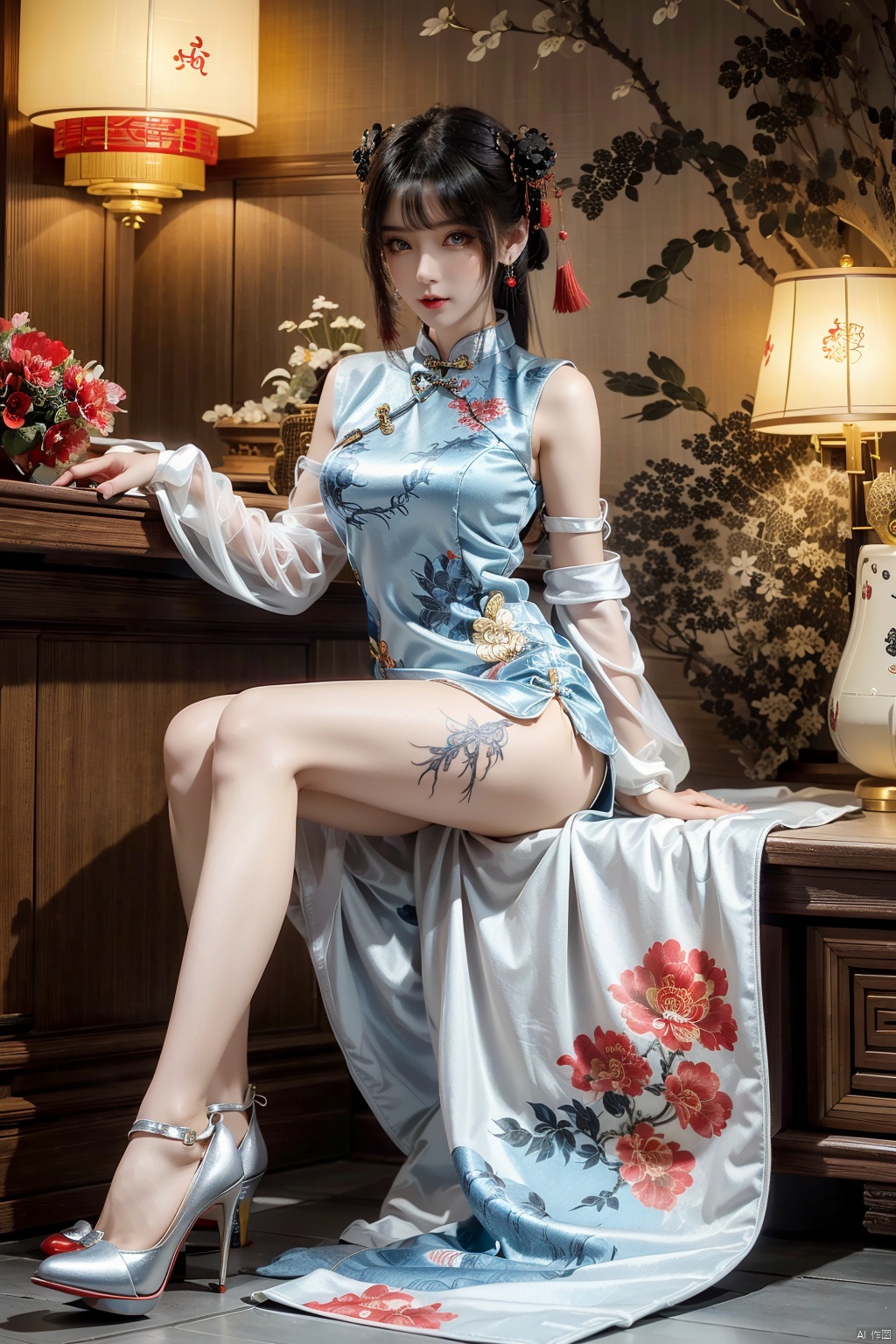  A demon with white hair, eyes resembling blue gemstones, and a fringed haircut. This demon exudes an outgoing and sunny personality. She is dressed in a peculiar, mechanical construct cheongsam gown, predominantly made of gossamer material, with accents that evoke the ambiance of fire element. The cheongsam gown itself is in vibrant Chinese red. Completing her ensemble, she wears a pair of high-heeled shoes.Tattoos, flowers.
, 1girl,high_heels,yellow_footwear,black_hair