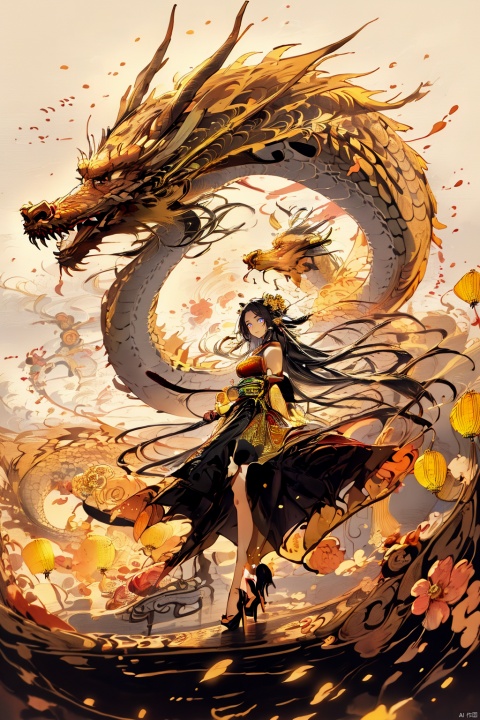  Chinese dragon, (peeks out), soaring in the sky, 1 girl,white hair,white pantyhose,long and majestic dragon body, highest quality, masterpiece, epic beauty,Outdoor, (Macaron color :1.2), Ancient Chinese architecture, Tower Pavilion, Terrace, Flying in the Sky, Majestic, Dreamlike style, Chinese Architecture, Sunset, cloud tops, verdant, peach blossoms, textured skin, Super detail, best quality, visual art, God beast, ink paniting, white pantyhose, 1girl,high_heels,yellow_footwear,pencil_skirt,white_footwear