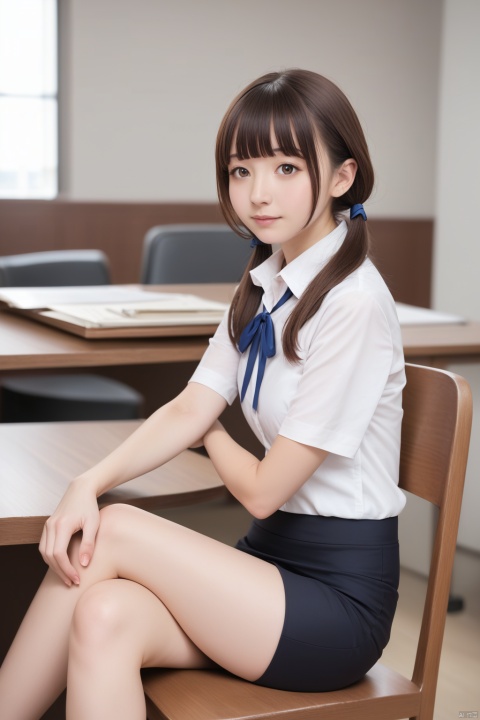  masterpiece,ultra high res,realistic,finely detail,extremely detailed,1girl,solo,skirt,chair,sitting,shirt,low twintails,long hair,looking at viewer,short sleeves,indoors,white shirt,brown hair,realistic,bangs,blurry,black skirt,ribbon,blurry background,blue ribbon,brown eyes,on chair,blunt bangs,hand on own knee,collared shirt,pencil skirt,depth of field,table,desktop,(crossed legs)