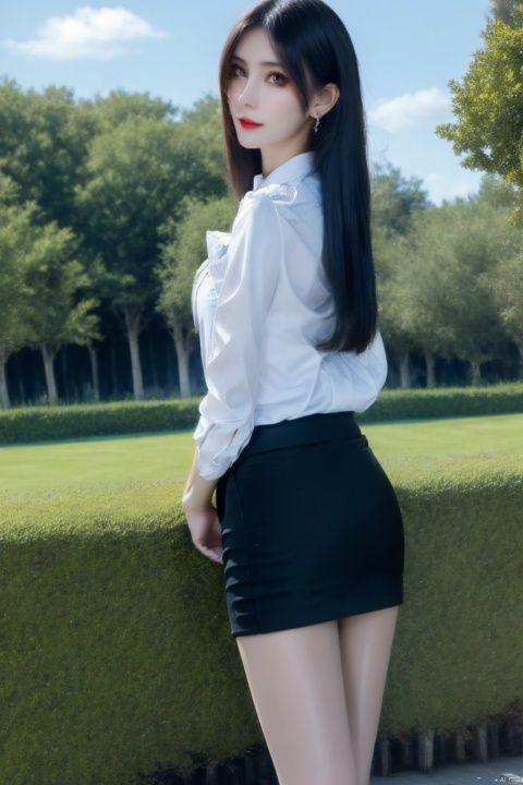  Fisheye perspective, looking from bottom to top, face looking towards the viewer,,1gril, smile,business attire, black suit jacket, white collared shirt, short skirt, pantyhose, high heels, serious expression, outdoor, blue sky and white clouds, trees, plants, focused eyes, high definition, 8k resolution, complex background, light makeup, Shoulder-length straight hair, minimalist jewelry, neat lines and clear details, and a powerful posture, showing a strong aura., hand101, tutututu,black_pantyhose, 1girl,high_heels,black_hair,pencil_skirt,yellow_footwear