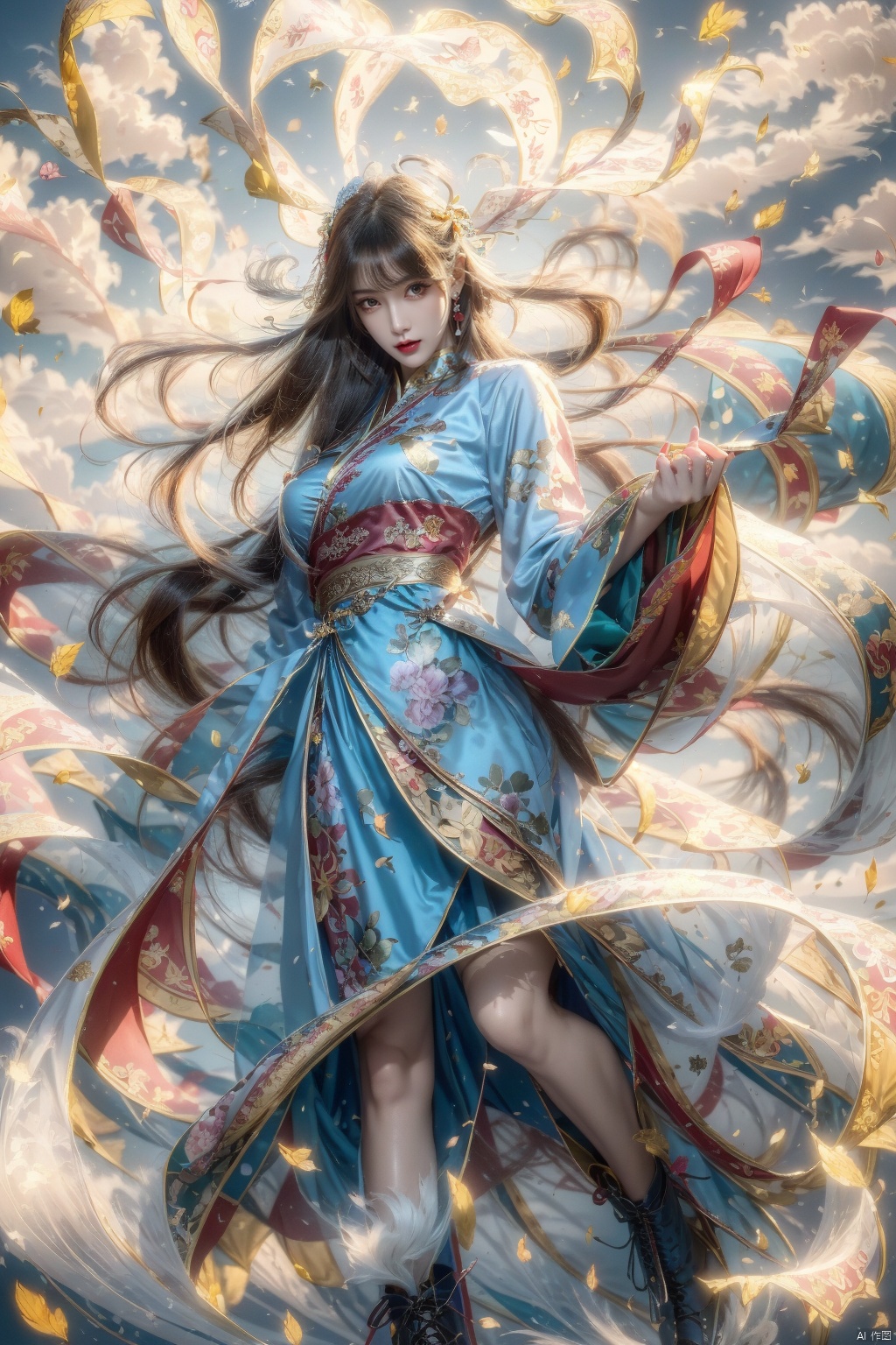  (Heading up) (Positive Light) Female Focus, Sword (Straight Sword) (Giant Phoenix Projection)
Red lips, bangs, earrings, kimono, Chinese cardigan, print, tassels
Cloud and mist whirlwind, shrouded in clouds and mist, ethereal aura drifting, Chinese architecture, Taoist runes, 1girl,police,pencil_skirt,high_heels