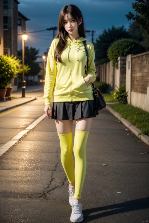  1girl, solo, (best quality, masterpiece, ultra-high resolution, 4K, HDR, UHD, 64K, official art), (photorealistic:1.3, realistic:1.3), (Golden hour),(road, street lamp, neon lights, river), (Canon RF 85mm f/1.2L 85mm),floating hair, long hair, brown hair,long legs,(full body:1.3), (busty:1.2),(standing:1.3), (large breasts:1.3), facing viewer, (long buttoned hoodie:1.2), ([canary]canary_leggings:1.2), (running shoes), (school bag:1.2),(sex pose, seductive pose), blue white uniform,high_heels,skirt,yellow_footwear,black_hair,long_hair