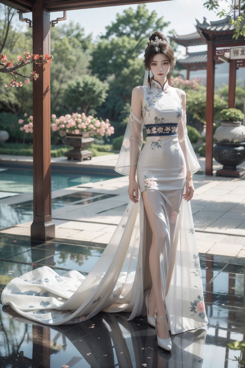  masterpiece, The best quality, 1girl, luxurious wedding dress, dreamy scene, white background, front viewer, looking at viewer, Flowers, romantic, Bride, Translucent white turban, UHD, 16k, , sparkling dress, yunbin, full_body, white stockings, wangyushan, Liu Yifei, chinese dress,white dress,
chinese clothes,dress,white dress,floral print,china dress,blue dress,hanfu,long sleeves,print dress,robe,skirt,sleeveless dress,widesleeves,yellow_footwear,high_heels,handbag