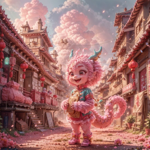  (Masterpiece:1.5),(Best Quality:1.5),High Resolution,Highly Detailed,(Low Contrast:1.1),Full body photo,.official art,Pixar animation style,Chinese NewYear, pink background, made of marshmallow material, abig blue and pink Chinese dragon with a big smile, its taiis like a cloud, it has a colorful cloud on its head, standing next to it is a super cute little girl wearing traditional Chinese clothing, strong light effect,|key visual| intricate| highly detailed| breathtaking beauty| digital lineart| vibrant|, Cyberpunk Concept