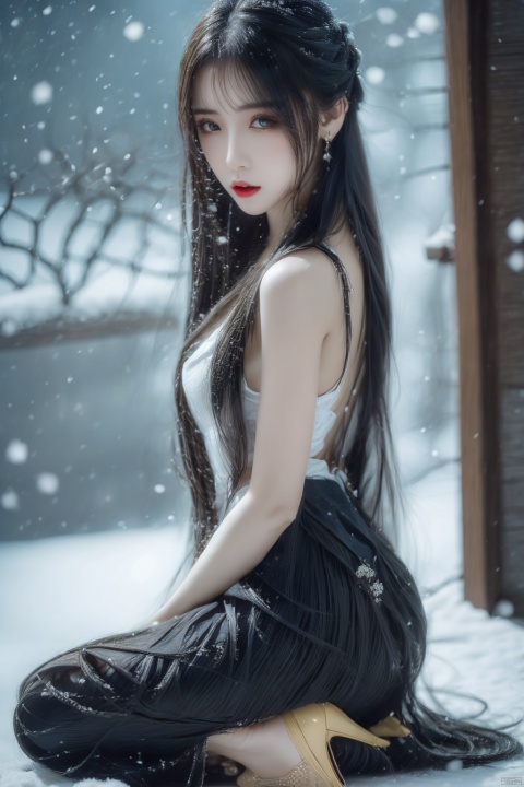  Best quality, masterpiece, photorealistic, 32K uhd, official Art,
1girl, dofas, solo,upper body, snowing, blurry, 1girl,pencil_skirt,yellow_footwear,high_heels,pinstripe_suit