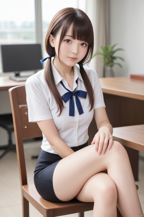  masterpiece,ultra high res,realistic,finely detail,extremely detailed,1girl,solo,skirt,chair,sitting,shirt,low twintails,long hair,looking at viewer,short sleeves,indoors,white shirt,brown hair,realistic,bangs,blurry,black skirt,ribbon,blurry background,blue ribbon,brown eyes,on chair,blunt bangs,hand on own knee,collared shirt,pencil skirt,depth of field,table,desktop,(crossed legs)