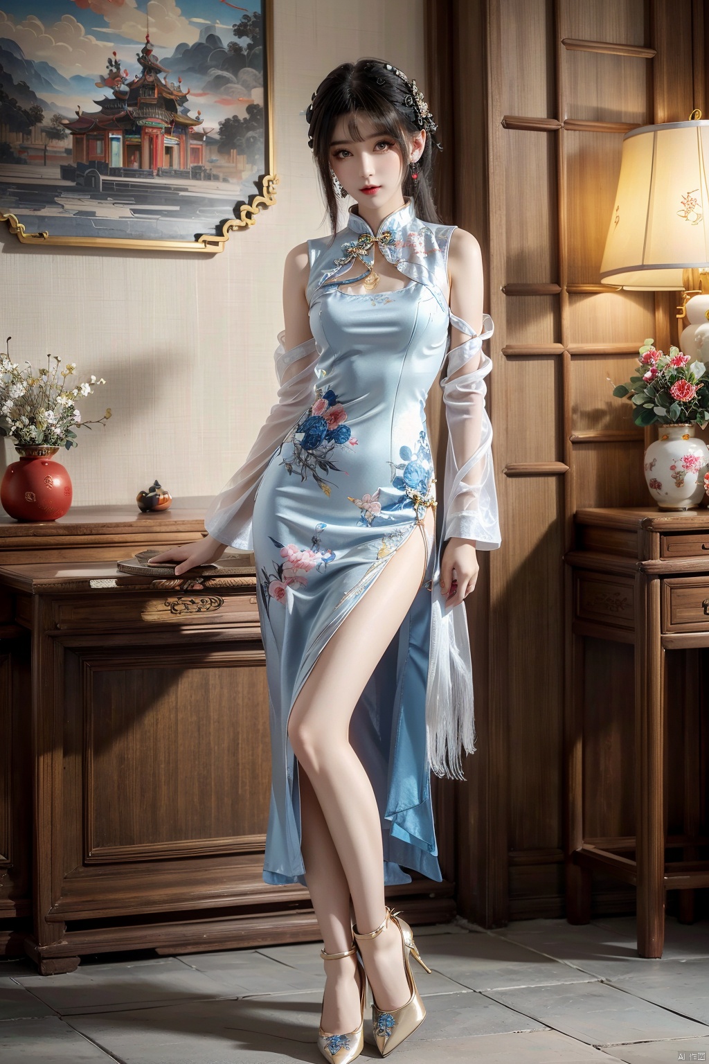  A demon with white hair, eyes resembling blue gemstones, and a fringed haircut. This demon exudes an outgoing and sunny personality. She is dressed in a peculiar, mechanical construct cheongsam gown, predominantly made of gossamer material, with accents that evoke the ambiance of fire element. The cheongsam gown itself is in vibrant Chinese red. Completing her ensemble, she wears a pair of high-heeled shoes.Tattoos, flowers.
, 1girl,high_heels,yellow_footwear,black_hair