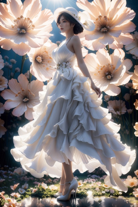  (official art, 8k wallpaper, ultra detailed, High quality, best quality),white flowers,1girl,bird's-eye_view,vintage filter,among flowers,backlight,limited_palette,white,field s of flowers, sparkling dress, 1girl,police,high heels,hat