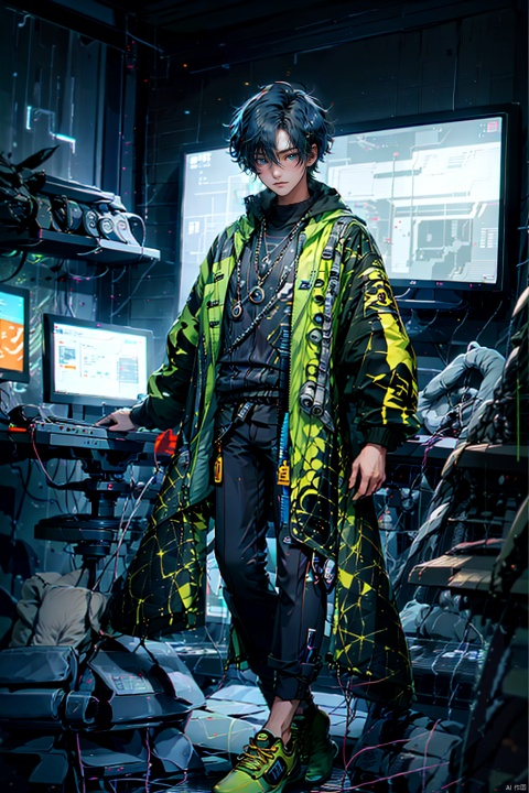  (8k, original photo, best quality, masterpiece: 1.2), CG rendering, full body, a 20-year-old boy. Technology cabin, neon lights, smile, (blue hair), (fluffy hair), white and black Hanfu, fist clenching, combat posture. Functional Hanfu, sports shoes, sparkling, flowing robe, chest strap decoration, belt, cyberpunk city background outside the window,Aso, Aso, Cyberworld, CyberpunkAI, asip, hjyzbrobot, ((poakl)), 1girl,police,pencil_skirt,yellow_footwear