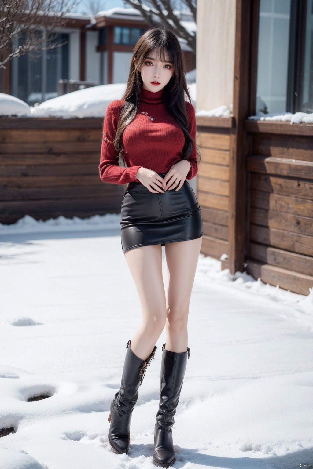  A 20-year-old girl wearing (red turtleneck knitted sweater) and (long leather boots) has a full-body lens, full-body photo, thin legs, slender figure, hourglass figure, extremely beautiful and delicate, (light makeup), brown hair, sweet smile, delicate and white skin, realistic, delicate and complete facial features, detailed facial depiction, Qiong nose and vermilion lips, soft and smooth hair, soft temperament, face lighting, realism, 8K picture quality, extreme details, master works, beautiful, pure desire, beautiful, 8k resolution, facing the middle scene of the camera, walking in the snow, 1girl,skirt,handbag,hand_on_hip,underwear,jacket