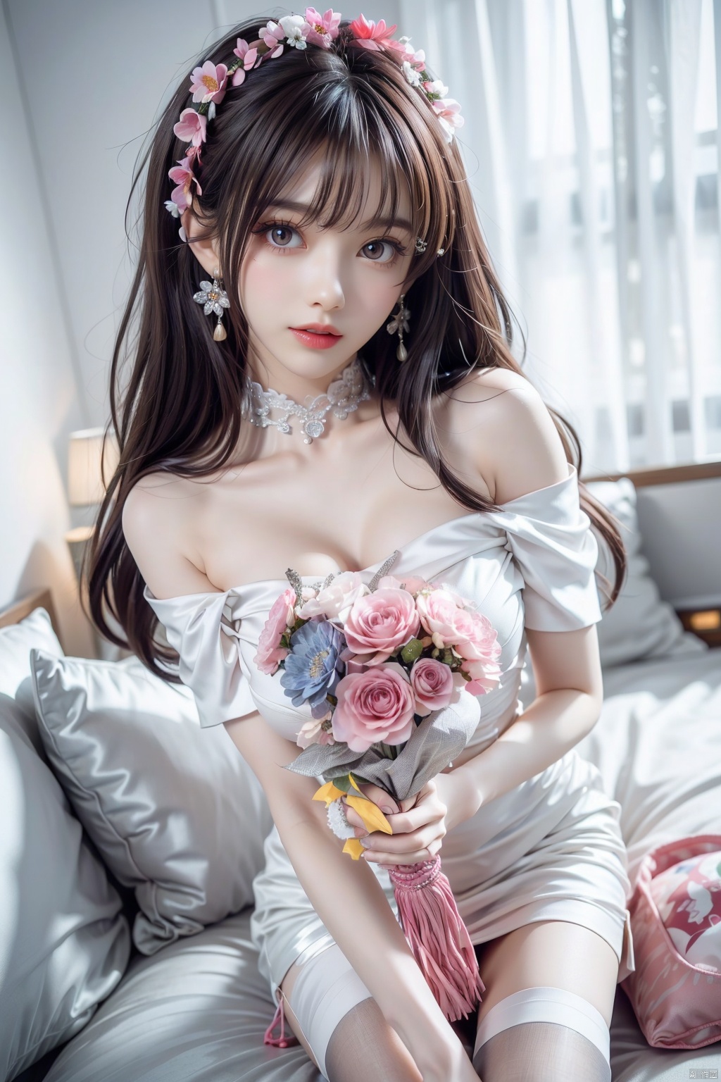  1girl, solo, breasts, looking at viewer, smile, bangs, simple background, hair ornament, dress, holding, cleavage, hair between eyes, bare shoulders, jewelry, closed mouth, purple eyes, collarbone, upper body, pink hair, flower, earrings, choker, white gloves, pink eyes, off shoulder, {white wedding dress}, sparkle, {hair intakes}, white flower, veil, blue flower, bouquet, cropped torso, {{white wedding dress}}, off-shoulder dress, bridal veil, {white choker}, holding bouquet,{upper body},{close-up},Dutch angle,{depth of field},{lensflare},{looking at viewer},{white background}, {{white wedding dress}}, {{white weddingdress}}, {{white weddingdress}}, {{whiteweddingdress}},{{whiteweddingdress}},{{whiteweddingdress}},{{whiteweddingdress}}



角色：
 Herta\(chgaracter\),tassel,Ball joints, wangyushan,yellow_dress,high_heels,yellow_footwear,police,pencil_skirt,yellow_high_heels,hat,blue_shirt,thighhighs,panties,underwear