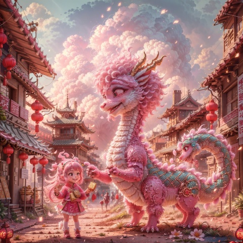  (Masterpiece:1.5),(Best Quality:1.5),High Resolution,Highly Detailed,(Low Contrast:1.1),Full body photo,.official art,Pixar animation style,Chinese NewYear, pink background, made of marshmallow material, abig blue and pink Chinese dragon with a big smile, its taiis like a cloud, it has a colorful cloud on its head, standing next to it is a super cute little girl wearing traditional Chinese clothing, strong light effect,|key visual| intricate| highly detailed| breathtaking beauty| digital lineart| vibrant|, Cyberpunk Concept