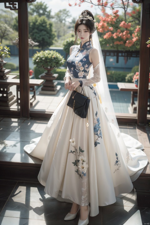  masterpiece, The best quality, 1girl, luxurious wedding dress, dreamy scene, white background, front viewer, looking at viewer, Flowers, romantic, Bride, Translucent white turban, UHD, 16k, , sparkling dress, yunbin, full_body, white stockings, wangyushan, Liu Yifei, chinese dress,white dress,
chinese clothes,dress,white dress,floral print,china dress,blue dress,hanfu,long sleeves,print dress,robe,skirt,sleeveless dress,widesleeves,yellow_footwear,high_heels,handbag